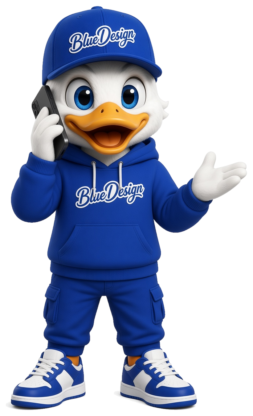 Mascota de Blue Design representando la atención al cliente